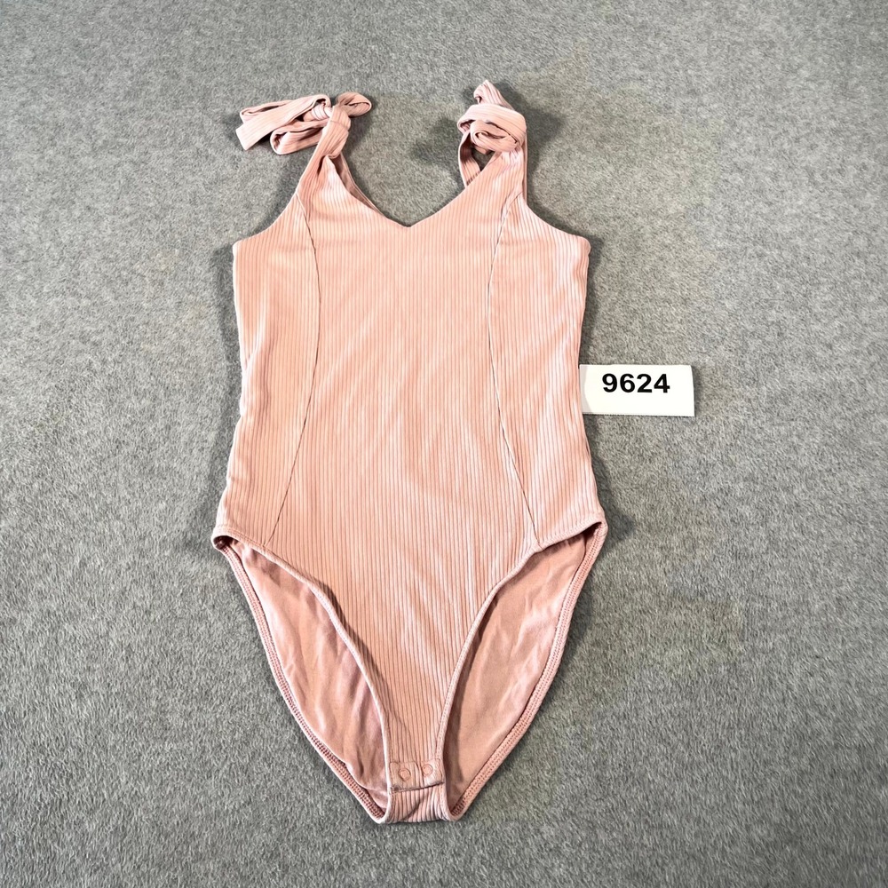 Old Navy Bodysuit Women Small Pink Cotton Stretch V Neck Ribbed Tie Strap Casual